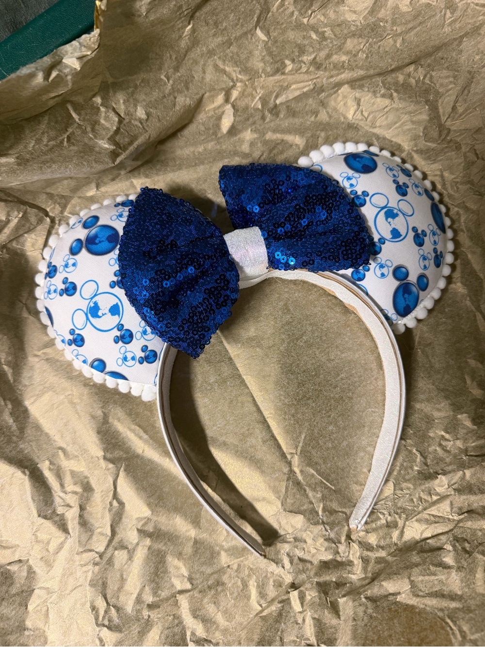 Custom Women’s Blue and White Sequin Bow Mouse Ear Headband - Purchased on Etsy
